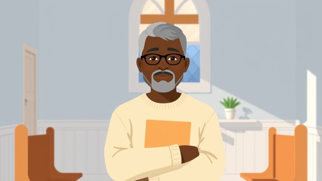 A friendly older African American deacon chair standing calmly in a small white country church sanctuary, holding a single simple wooden clipboard with a printed page