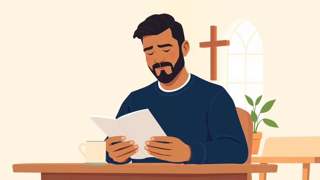 A friendly middle-aged Hispanic pastor sitting calmly at a simple wooden desk holding a single printed page in both hands in a warm cream-walled church office