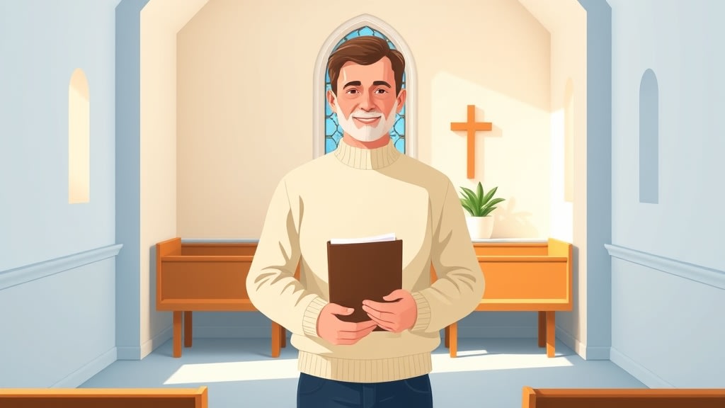 A friendly middle-aged white pastor standing calmly in a small white country church sanctuary holding a single simple wooden clipboard with a printed budget page