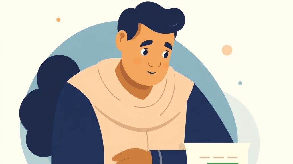 A friendly middle-aged Hispanic pastor sitting calmly at a simple wooden desk holding a single printed page in both hands in a warm cream-walled church office