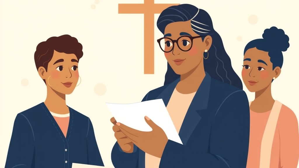 Three diverse care team members standing calmly together outside a small white country church on a Sunday morning holding a single simple printed list of household names