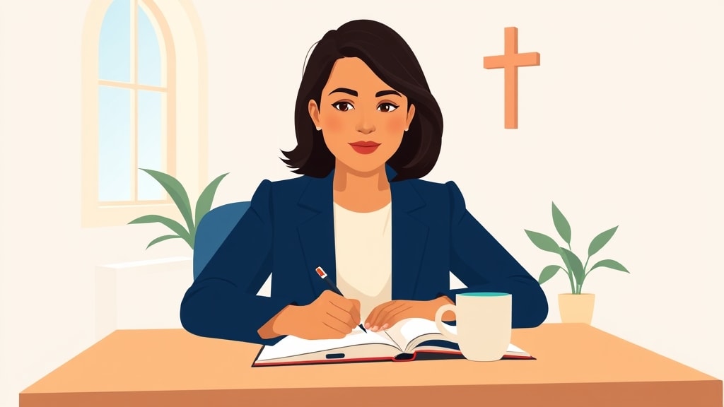 A friendly Hispanic woman pastor sitting at a simple wooden desk in a warm church office writing a single note in a bound notebook with a phone resting beside it