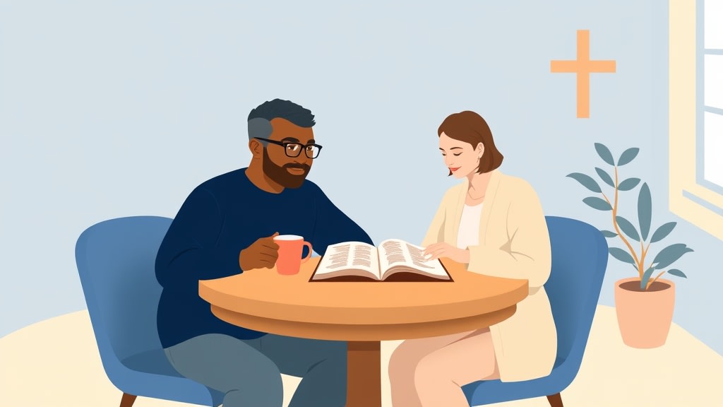 A middle-aged African American deacon chair and a friendly white woman care team member sitting together at a simple round wooden table looking calmly at a single printed list of household names between them