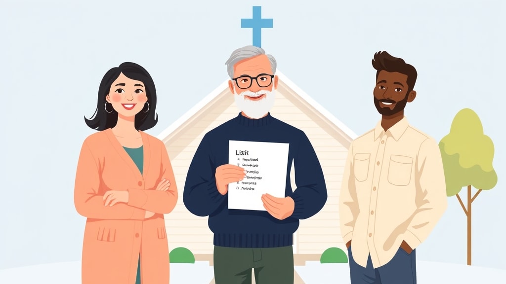 Three diverse care team members standing calmly together outside a small white country church on a Sunday morning holding a single simple printed list of household names