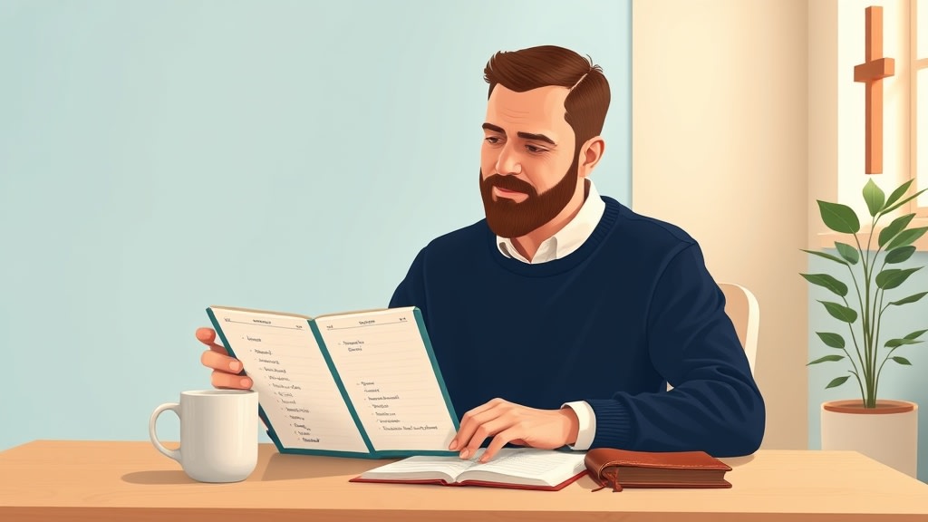 A friendly middle-aged white male pastor sitting calmly at a simple wooden desk in a warm church office looking at a single open paper planner with short handwritten family names