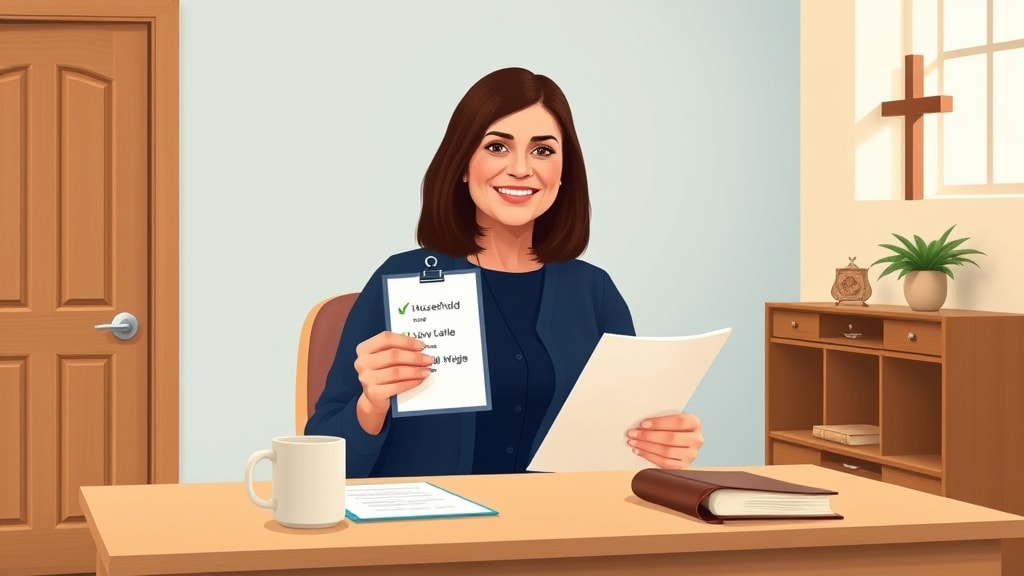 A friendly middle-aged Hispanic female pastor sitting at a simple wooden desk holding a single paper clipboard with a short checklist of household names with green checkmarks