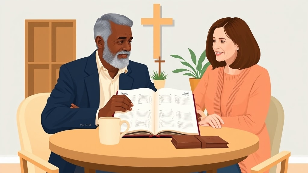 A friendly older African American male pastor and a middle-aged white female deacon sitting side by side at a simple round wooden table looking together at a single open paper planner between them in a warm cream-walled church office