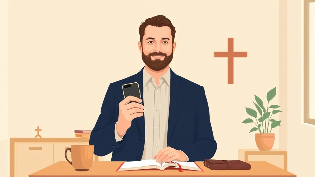 A friendly middle-aged white male pastor standing calmly in a warm church office holding a single phone in one hand while his other hand rests on a small open paper notebook on a wooden desk