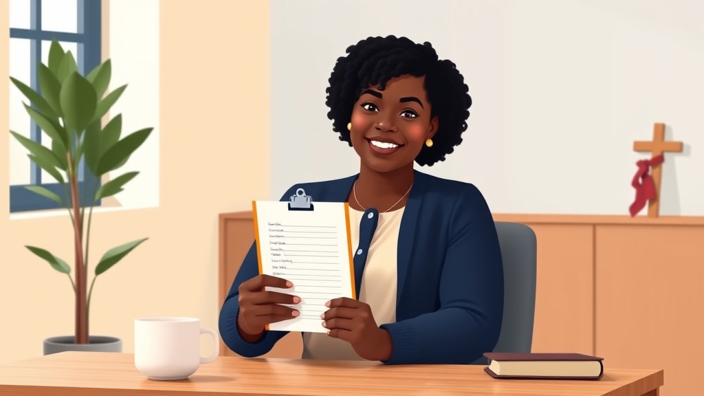 A friendly middle-aged African American woman deacon sitting calmly at a simple wooden desk in a warm church office holding a single open clipboard with a short list of family names