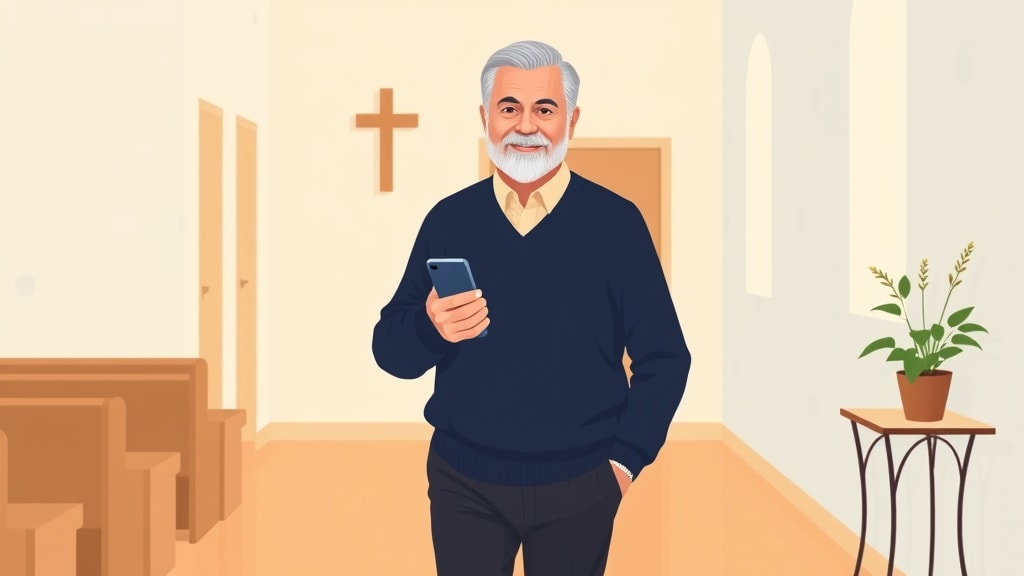 A friendly older white male deacon walking calmly through a quiet church hallway holding a single phone in one hand while his other hand rests at his side