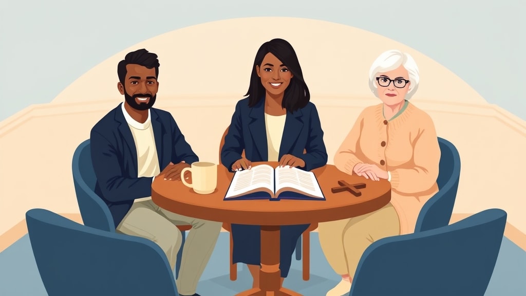 Three diverse care team members sitting calmly around a simple round wooden table in a warm church meeting room with one member holding a single open paper planner in front of her