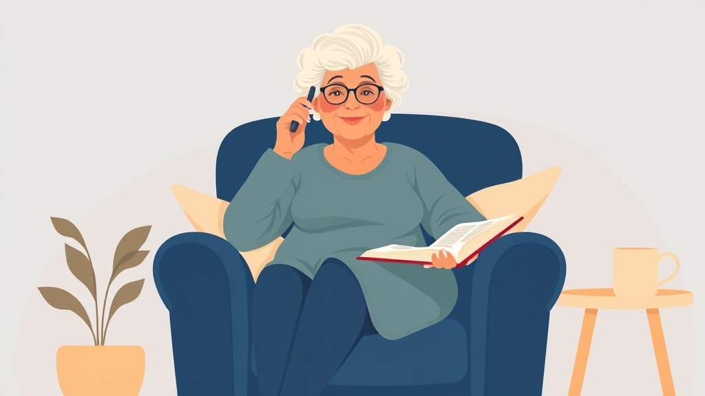 A friendly elder woman on the phone, writing care notes in a small notebook