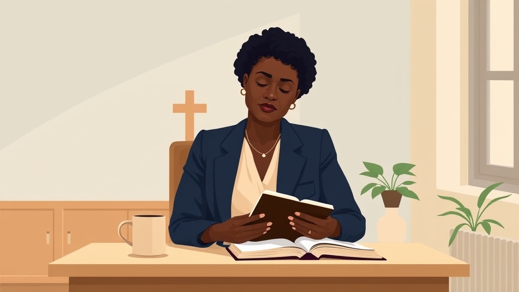 A friendly middle aged Black woman deacon sitting calmly at a simple wooden desk in a warm cream walled church office resting one hand on a small open leather Bible with a single small ceramic mug beside it