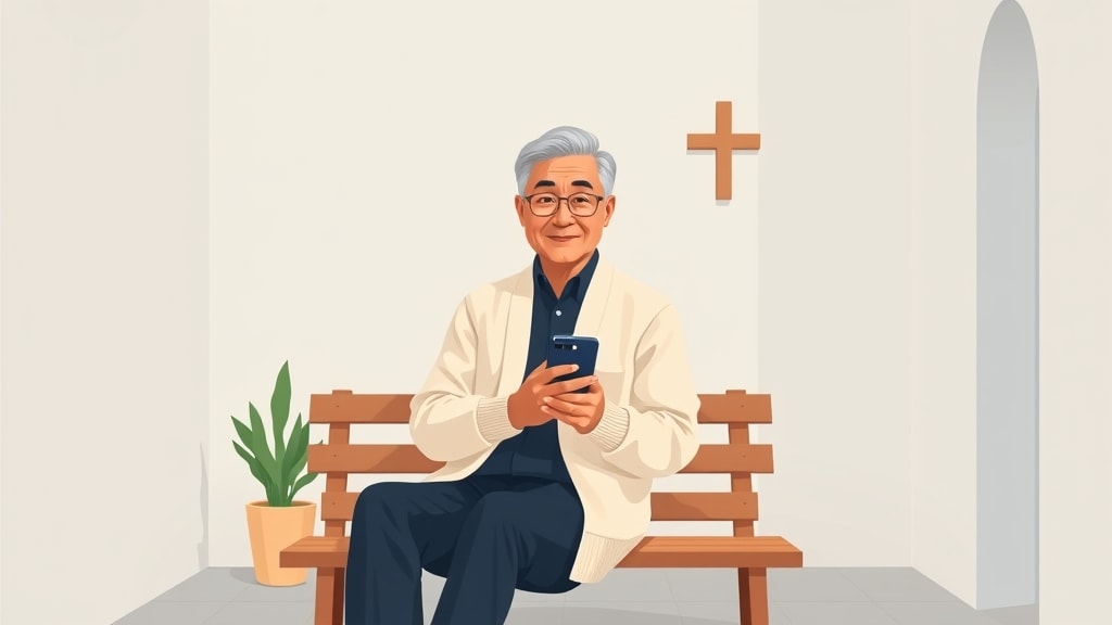 A friendly older Korean American male pastor sitting calmly on a simple wooden bench in a small quiet church courtyard holding a single phone at chest height looking thoughtfully at it