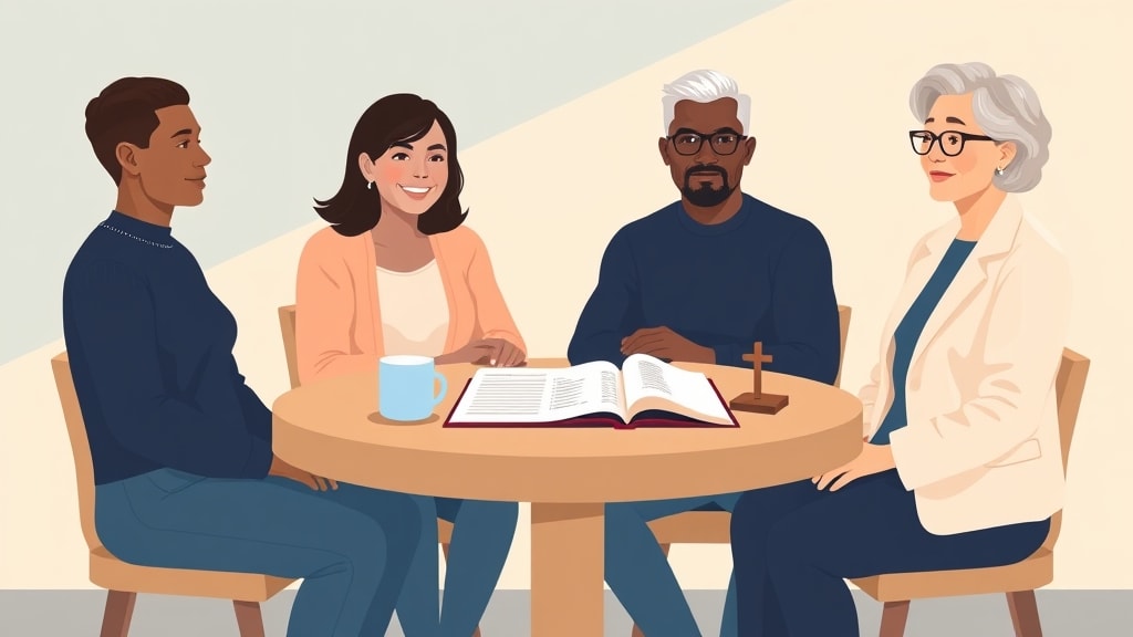 Three diverse small church care team members sitting calmly around a simple round wooden table in a warm cream walled meeting room with one member holding a single open paper roster