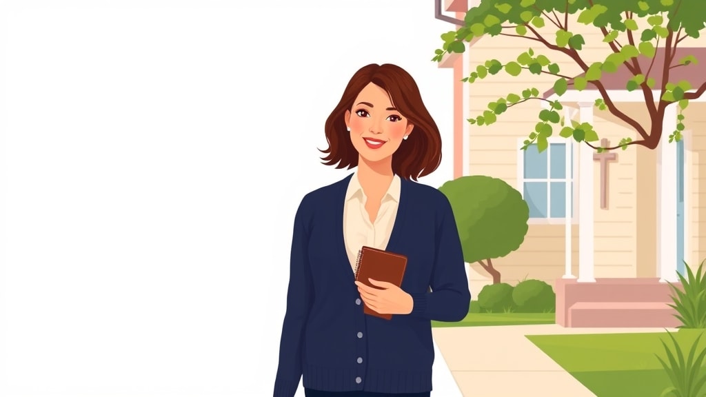 A friendly young white woman deacon walking calmly along a quiet neighborhood sidewalk in soft late afternoon light with one hand resting at her side and the other holding a small closed notebook