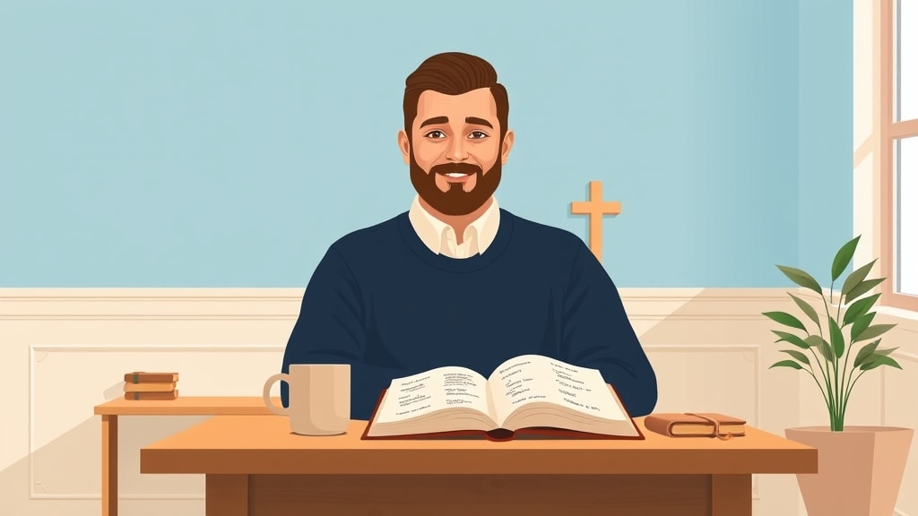 A friendly bearded white male pastor sitting calmly at a simple wooden desk in a warm church office looking at a single open paper notebook with short handwritten family names