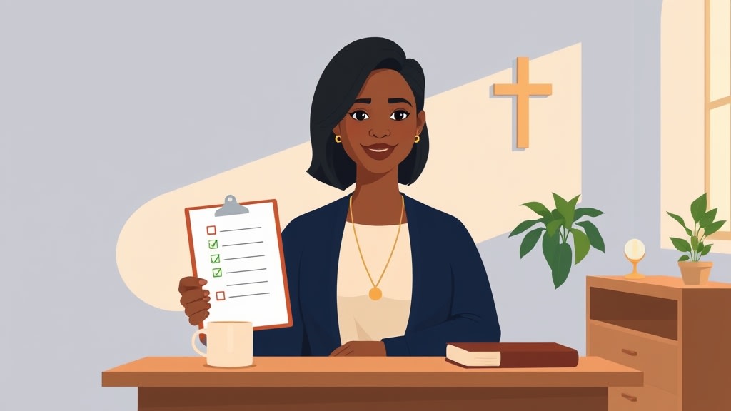 A friendly middle-aged African American female church administrator sitting calmly at a simple wooden desk holding a single clipboard with a short checklist of family names