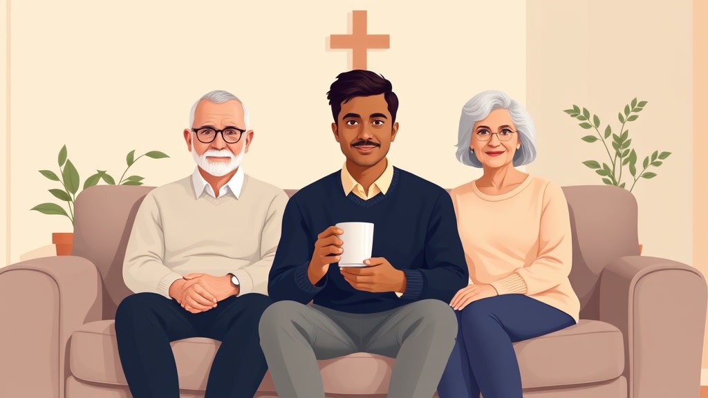 A friendly middle-aged Hispanic male deacon sitting calmly on a soft couch in a warm living room visiting an older white couple and holding a single ceramic mug in both hands