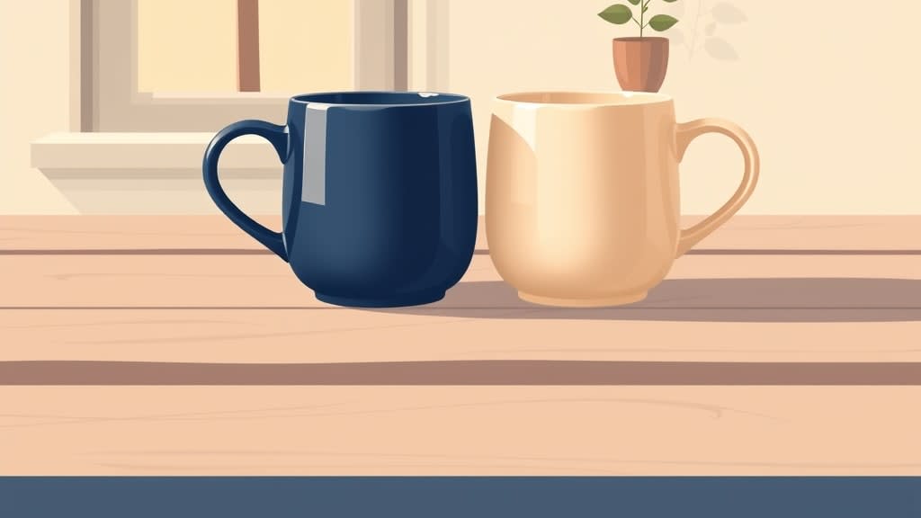 Two simple ceramic mugs, one navy and one cream, resting together on a plain wooden table in warm afternoon window light with a small wooden cross on the cream wall in the background, no people