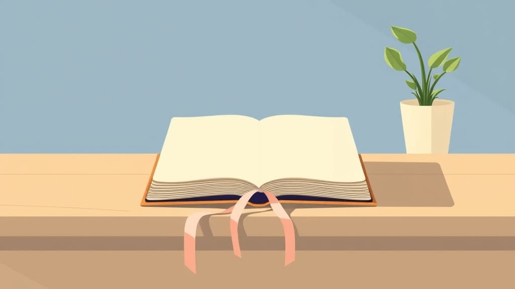 A single closed cream planner book with a soft peach ribbon bookmark resting on a plain wooden desk in warm morning window light with a small wooden cross on the cream wall in the background, no people