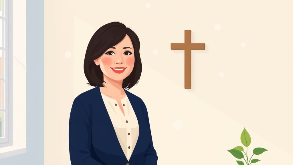 A friendly middle aged East Asian woman care coordinator with shoulder length dark hair standing warmly beside a plain wooden church office desk in a cream walled room with a small wooden cross on the wall, both hands resting gently at her sides