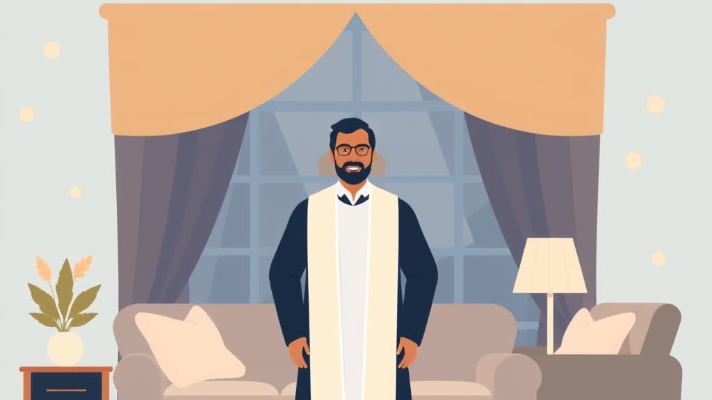 A friendly older white pastor standing on a warm wooden porch handing a covered casserole dish to a younger Asian father holding a sleeping baby in front of a soft cream-colored single-story family home