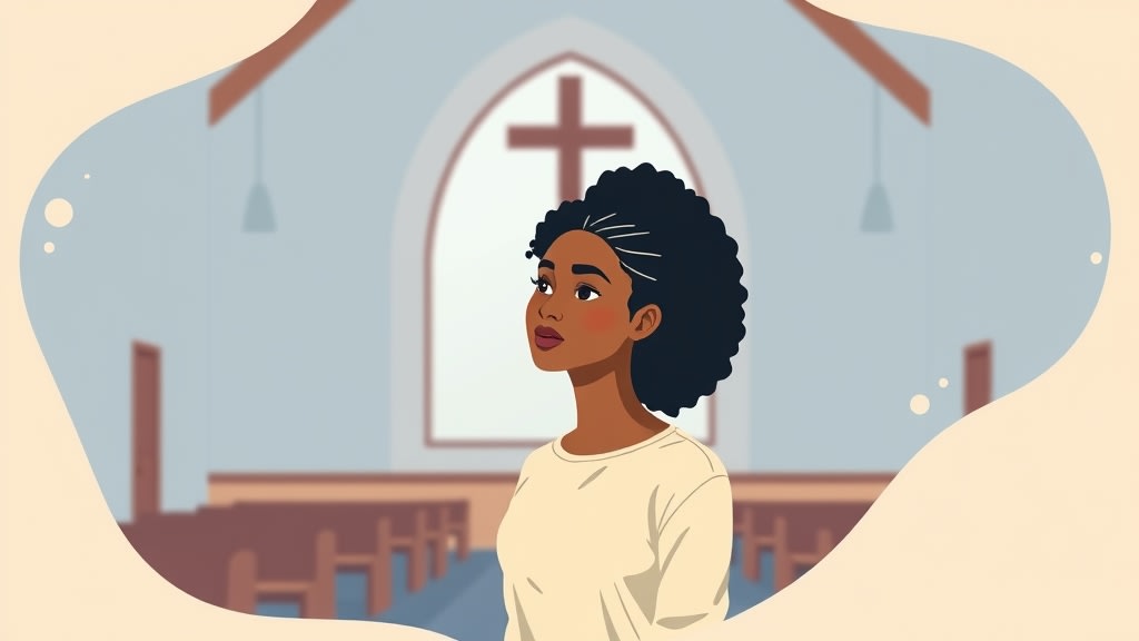 A thoughtful young multi-ethnic woman standing alone in the back of a warm, mostly empty church sanctuary