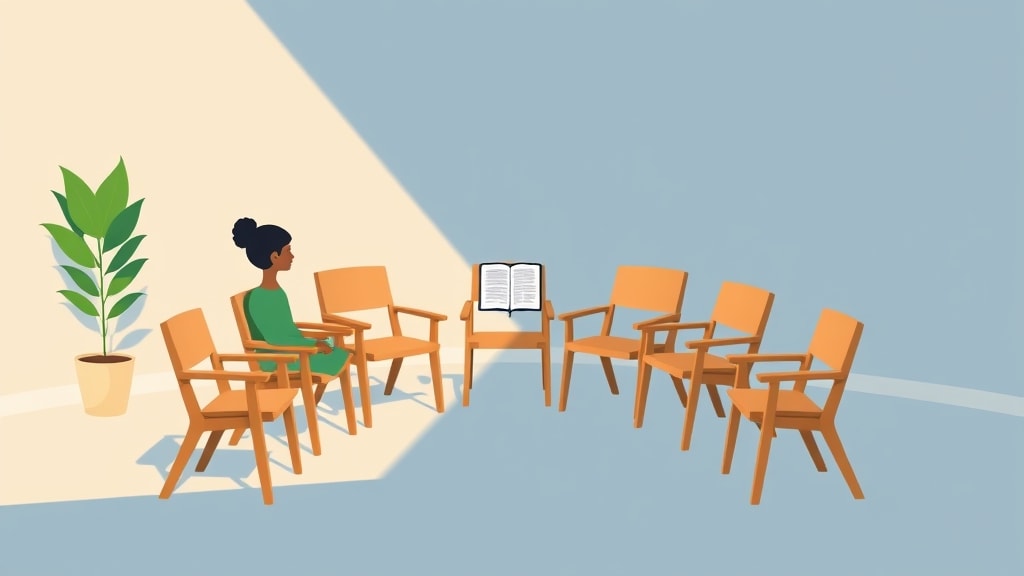 A small circle of empty wooden chairs in a church room with one chair holding an open Bible and a coffee mug