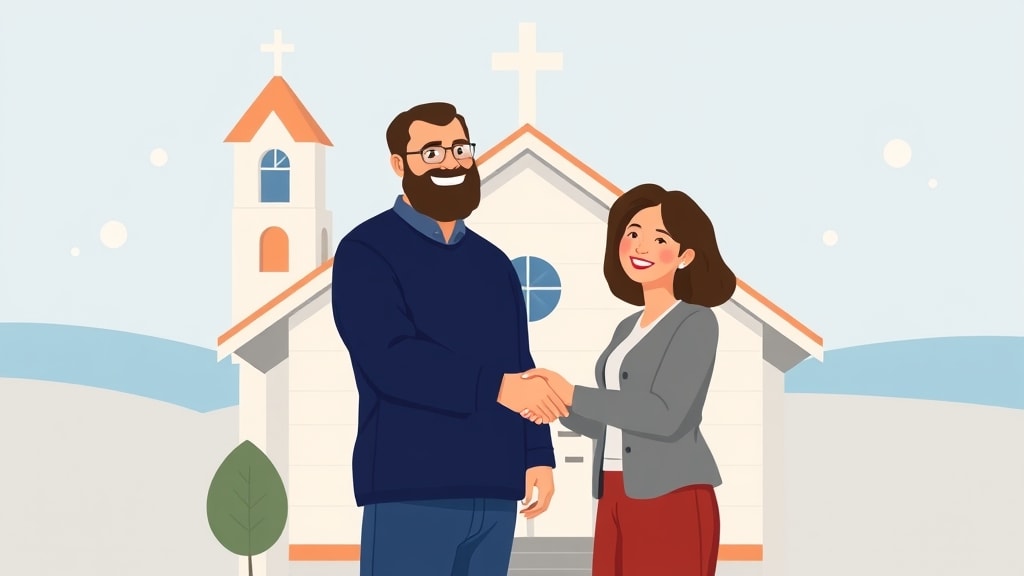 A friendly bearded pastor warmly shaking hands with a smiling church member outside a small white church building