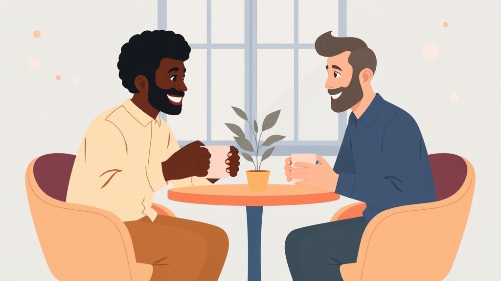 A diverse pastor and church member sitting at a small cafe table with two coffee mugs, in friendly conversation