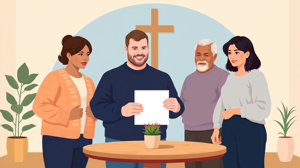 A friendly bearded pastor standing calmly beside three diverse small church care team members in a warm cream-walled fellowship hall, all looking together at a single printed page on a simple wooden table