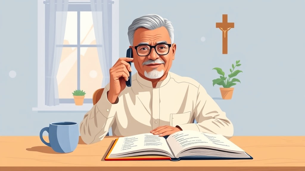 A friendly older Hispanic deacon sitting calmly at a simple wooden kitchen table at home holding a phone to his ear with a single open notebook with handwritten household names resting in front of him