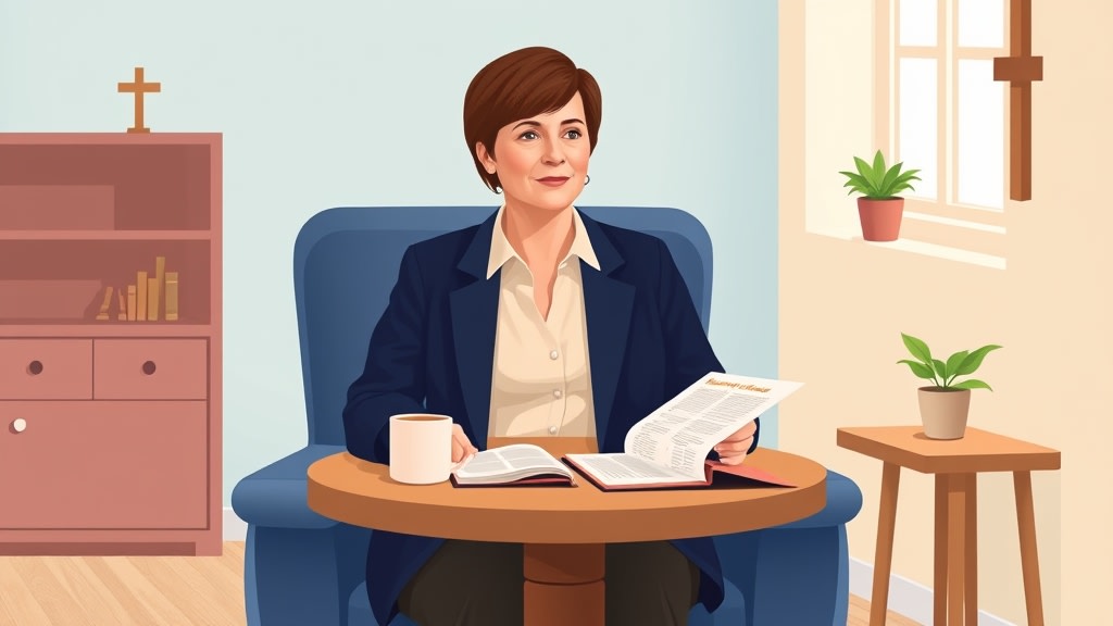 A friendly middle-aged white woman deacon chair sitting calmly at a simple round wooden table in a warm cream-walled church office holding a single printed clipboard with a handwritten list of household names