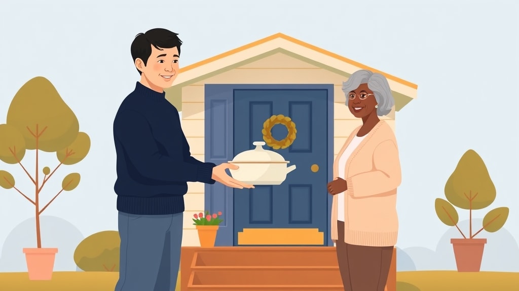 A friendly middle-aged Asian pastor standing on a warm wooden porch handing a single small ceramic dish to an older African American woman in a soft peach cardigan in front of a small cream-colored single-story home