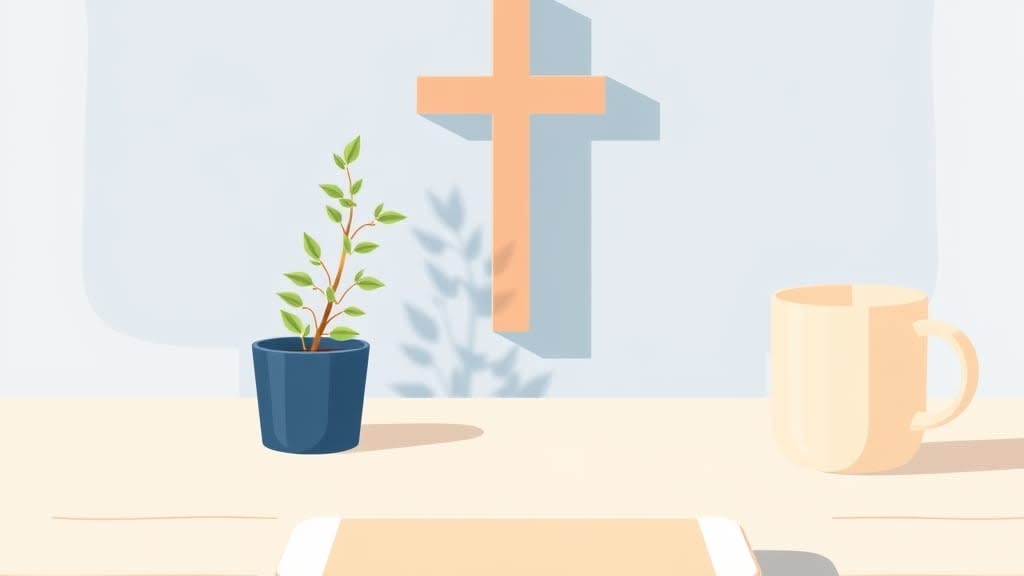 A single closed cream cell phone resting on a plain wooden desk beside a small wooden cross and a small potted plant in warm afternoon light, no people