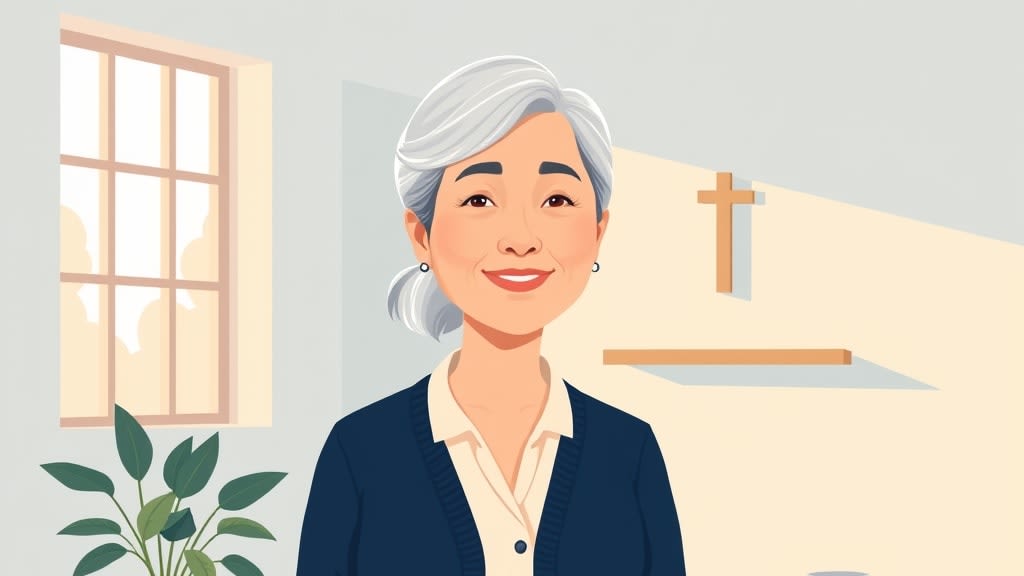 A friendly older Asian female care team volunteer standing calmly beside a plain wooden desk in a warm cream walled church office with both hands resting gently at her sides