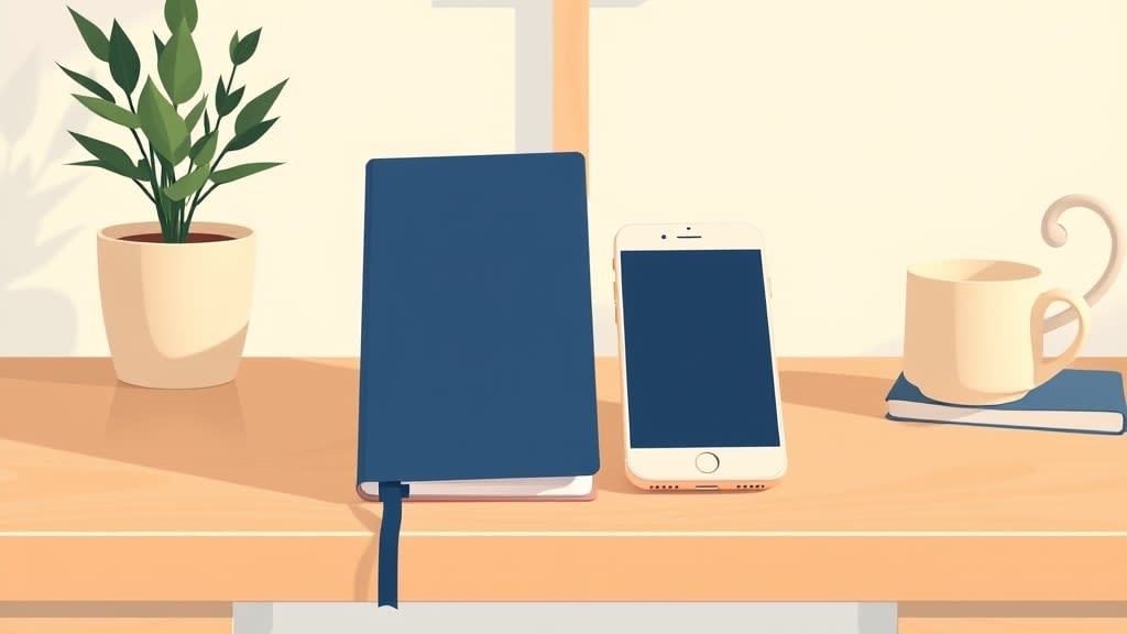 A single closed cream planner book with a small navy ribbon bookmark and a single closed cell phone resting on a plain wooden desk in soft warm light, no people