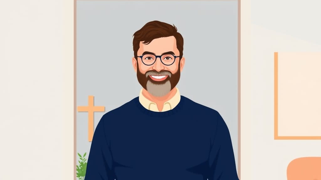 A friendly bearded middle aged white male deacon standing warmly in a cozy living room doorway with a small wooden cross on the wall and a small potted plant in the corner, hands resting at his sides