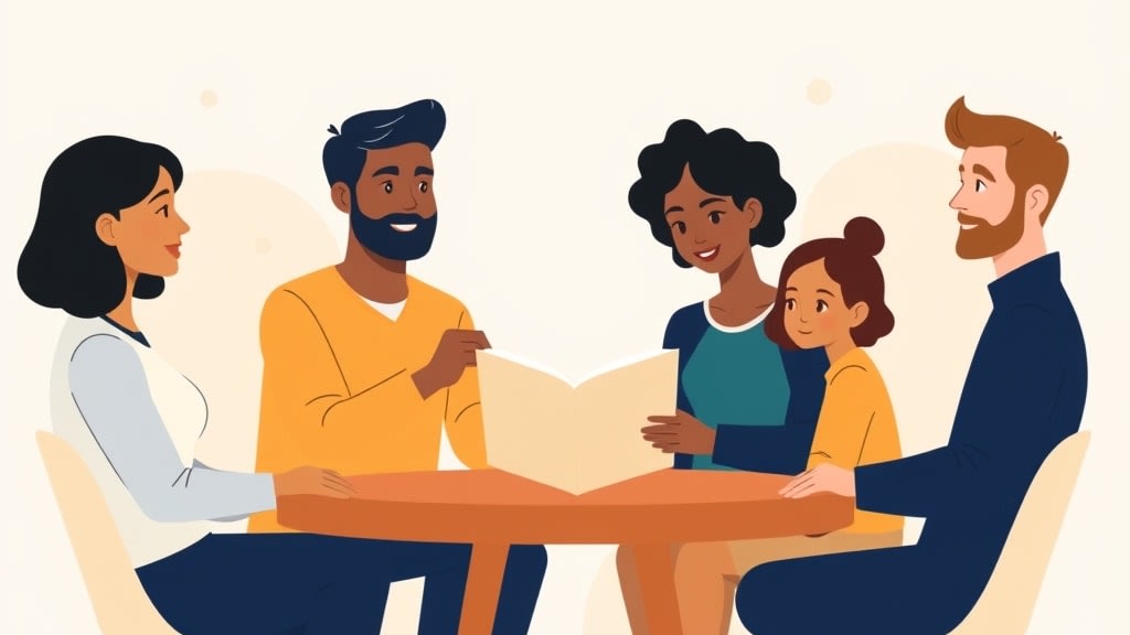 A friendly diverse church care team of four people sitting calmly together around a simple round wooden table in a warm cream-walled fellowship hall all looking together at a single printed paper agenda resting flat on the table between them