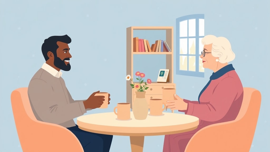 A deacon and an older church member seated at a kitchen table sharing tea in a warm home