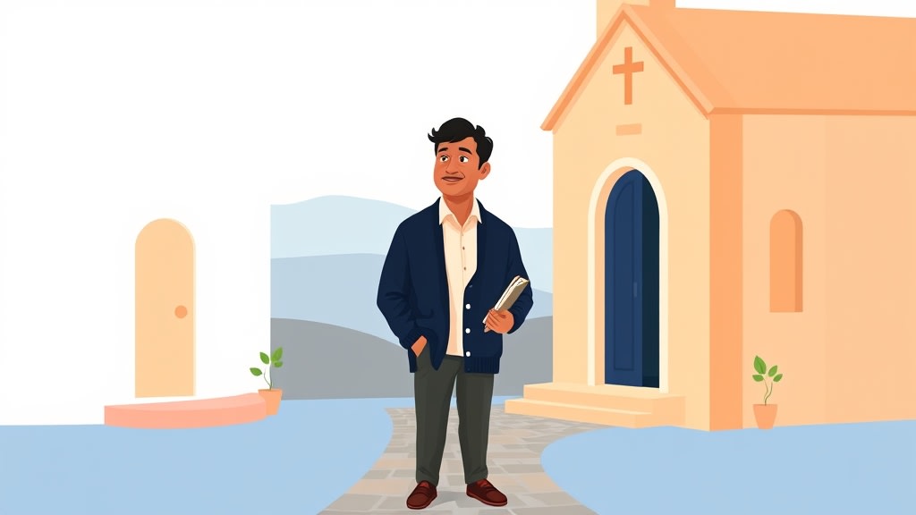 A friendly small church deacon chair standing calmly on a stone path between two warm cream walled church buildings looking thoughtfully ahead