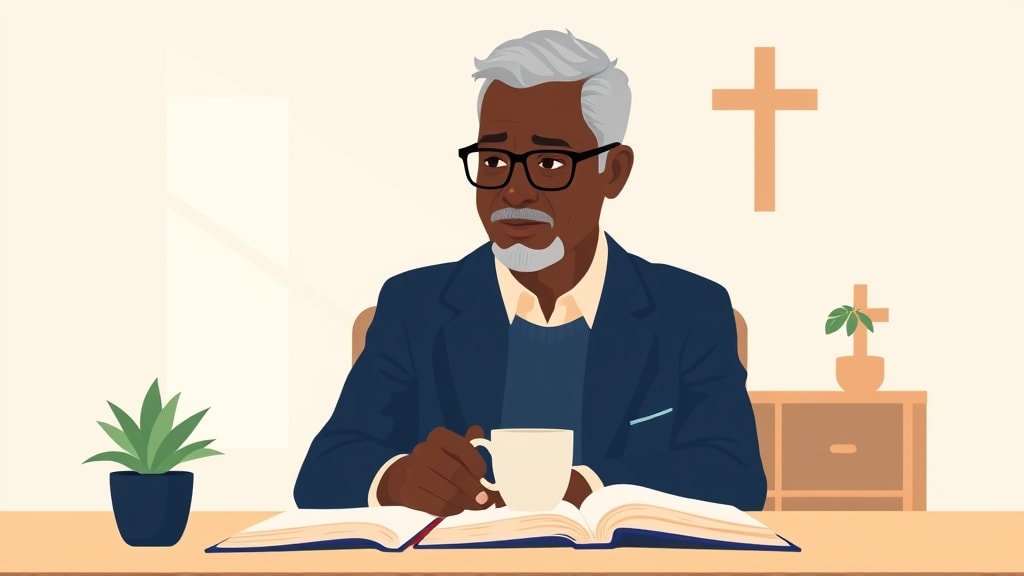 A friendly older African American pastor sitting calmly at a simple wooden desk in a quiet church office holding a single ceramic mug and looking thoughtfully at a small open bound notebook on the desk