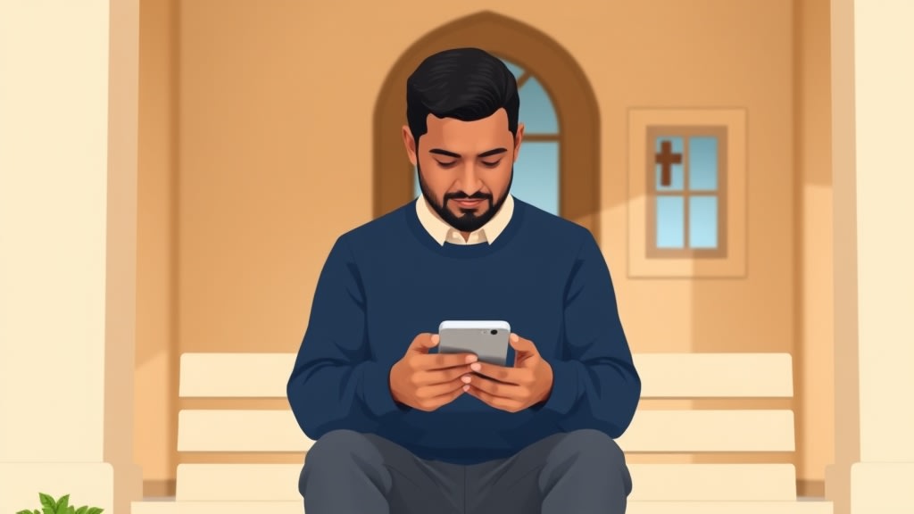 A friendly middle aged Hispanic deacon chair sitting calmly on a soft cream bench just outside a warm church building holding a phone in both hands at lap level and looking thoughtfully at it