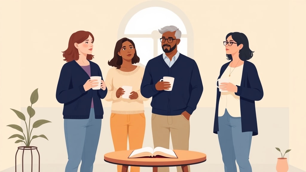 Four diverse small church care team members standing calmly together in a warm fellowship hall holding simple ceramic mugs looking thoughtfully toward one another in quiet conversation