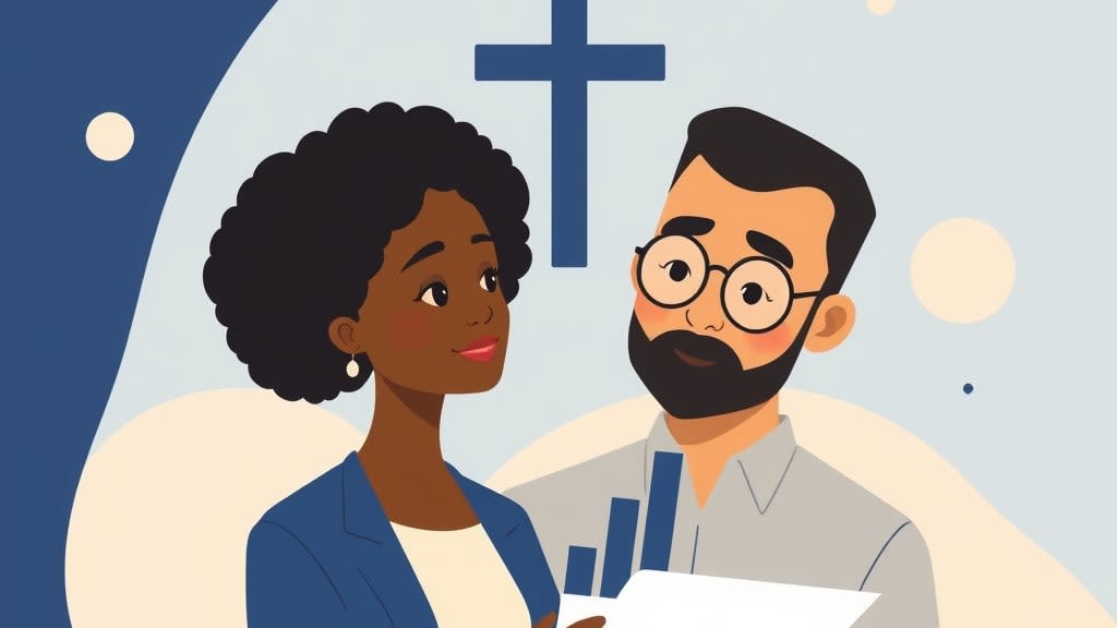 Four diverse care team members sitting calmly around a simple round wooden table in a warm church meeting room with one member holding a single printed coverage report
