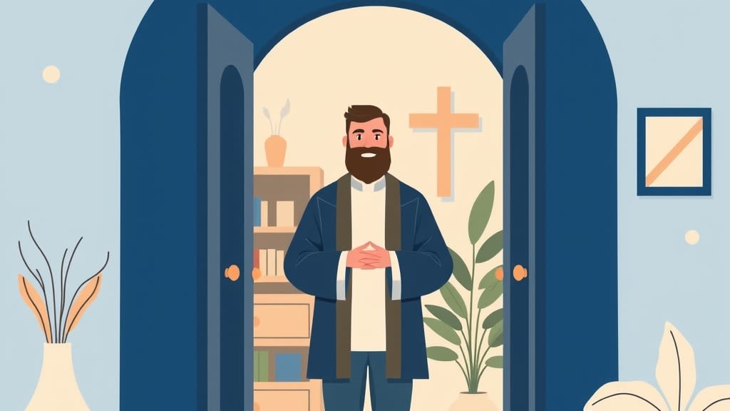 A friendly bearded pastor standing calmly beside three diverse small church care team members in a warm cream-walled fellowship hall, all looking together at a single printed page on a simple wooden table