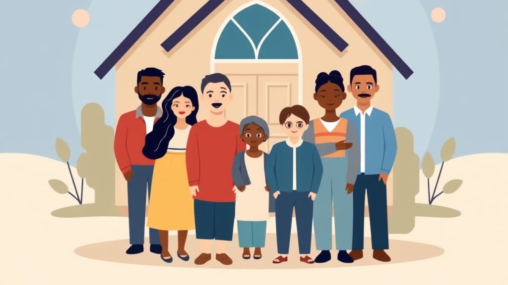 A friendly middle-aged Asian pastor standing on a warm wooden porch handing a single small ceramic dish to an older African American woman in a soft peach cardigan in front of a small cream-colored single-story home