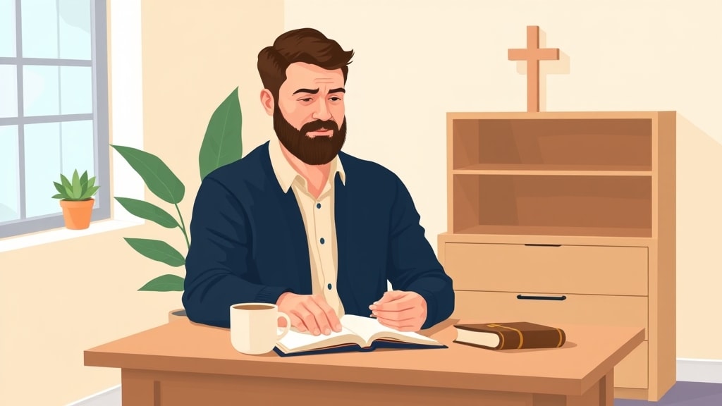 A friendly bearded middle-aged white pastor sitting thoughtfully at a simple wooden desk in a warm church office holding an open paper notebook in his lap with a Bible and ceramic mug on the desk
