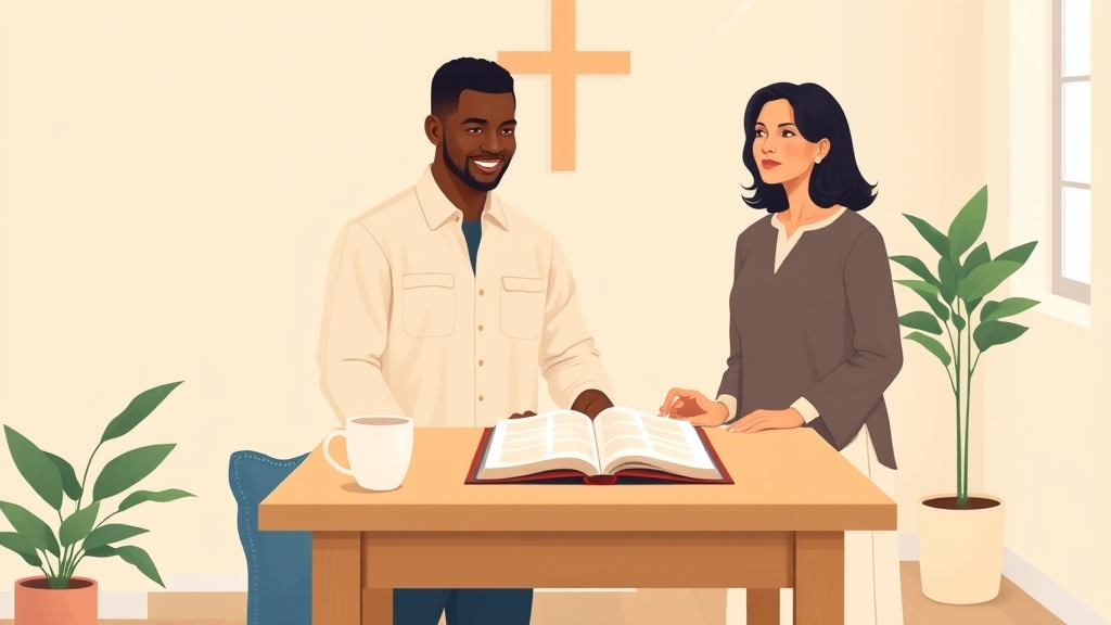 Two friendly diverse pastors standing side by side at a simple wooden table in a warm church office looking together at a single printed household list resting between them